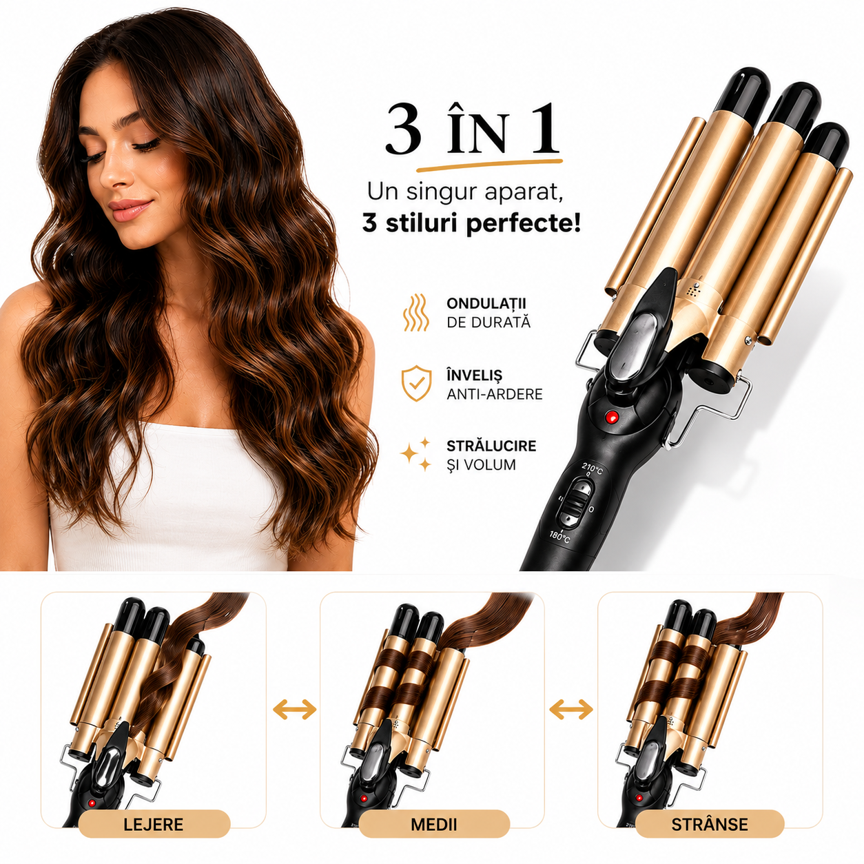 Ondulator de Păr 3 în 1 Koncepto® | Bucle Perfecte în 5 Minute | Încălzire 30 Secunde
