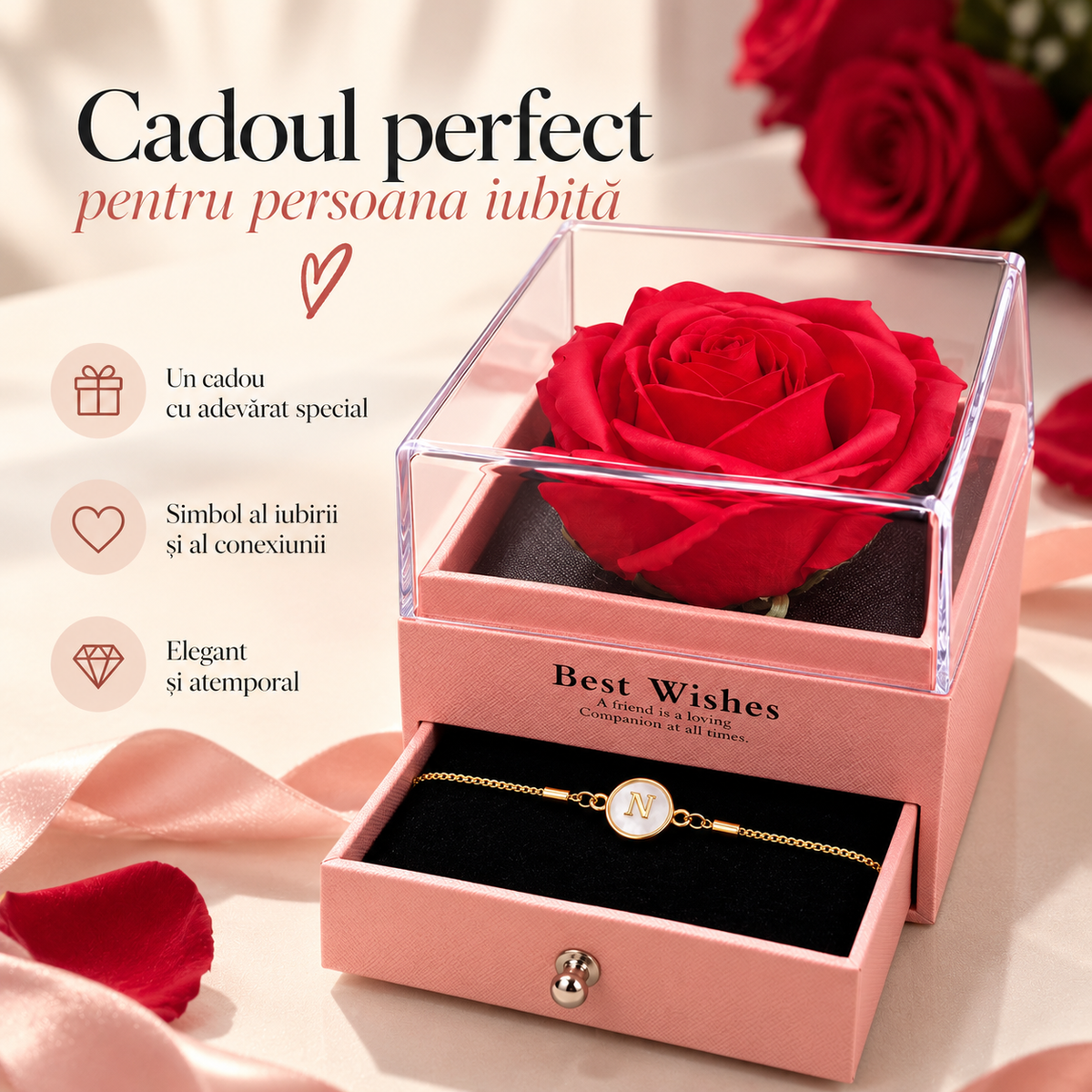 Brățară cu inițială în cutie cu trandafiri
