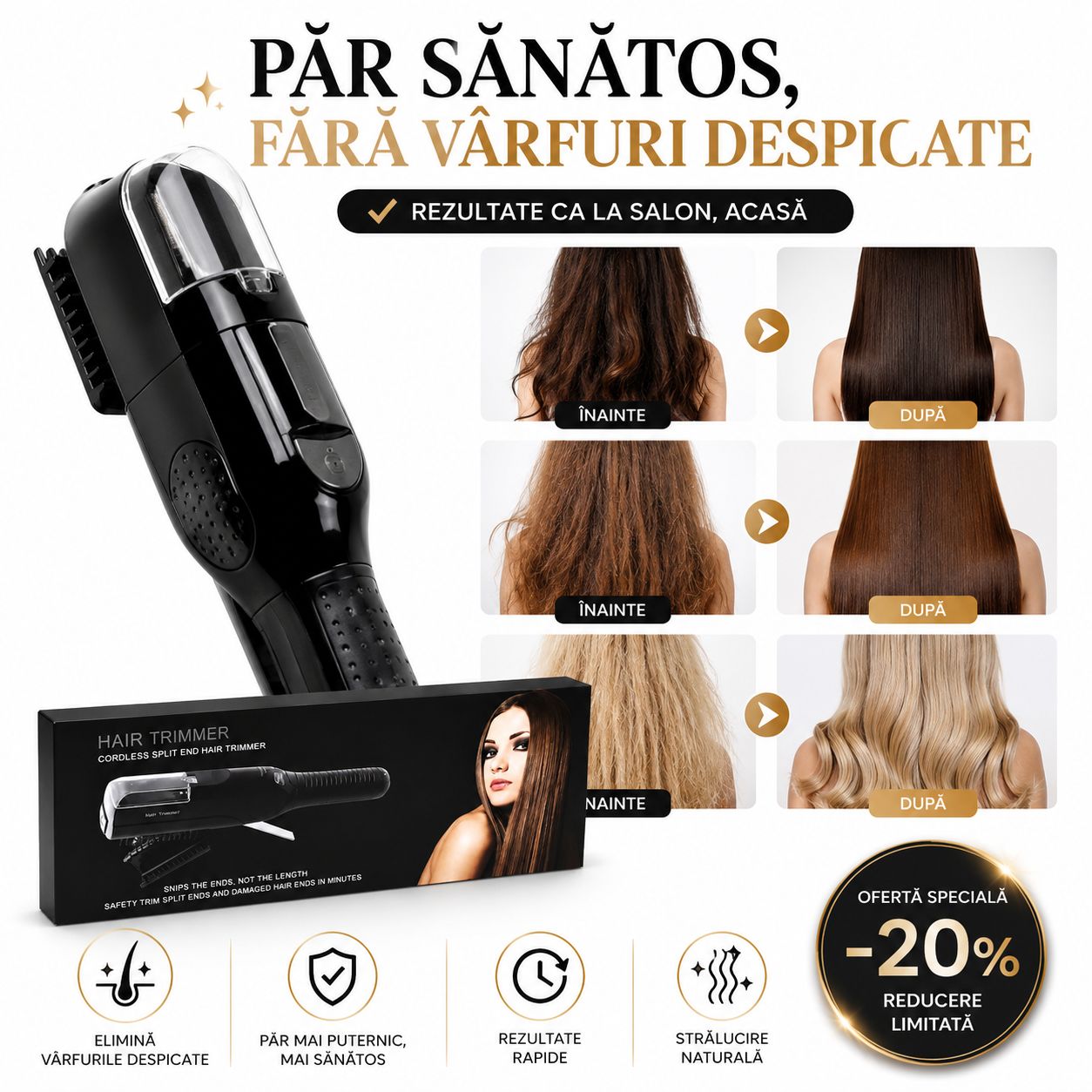 Aparat Vârfuri Arse pentru Păr | Taie Vârfurile Arse, Nu Lungimea | Koncepto®