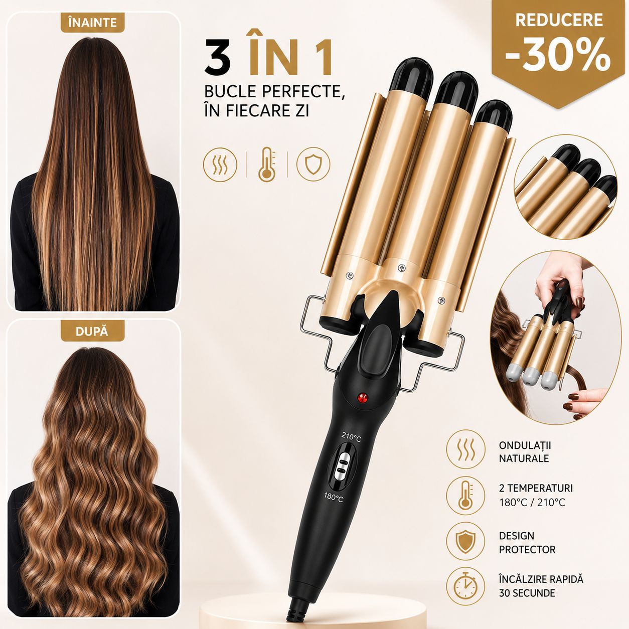 Ondulator de Păr 3 în 1 Koncepto® | Bucle Perfecte în 5 Minute | Încălzire 30 Secunde