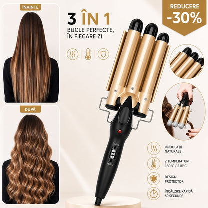 Ondulator de Păr 3 în 1 Koncepto® | Bucle Perfecte în 5 Minute | Încălzire 30 Secunde