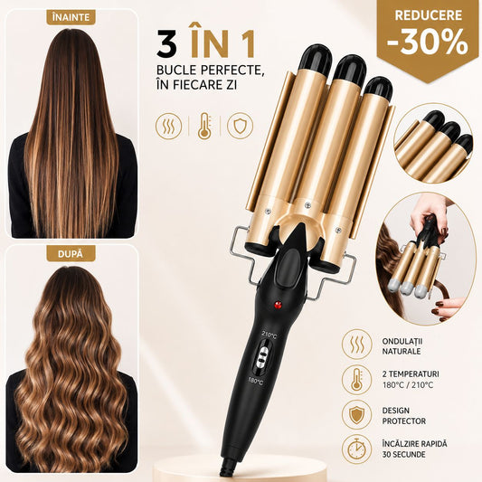 Ondulator de Păr 3 în 1 Koncepto® | Bucle Perfecte în 5 Minute | Încălzire 30 Secunde