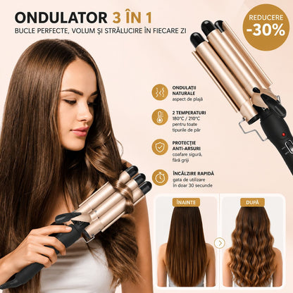 Ondulator de Păr 3 în 1 Koncepto® | Bucle Perfecte în 5 Minute | Încălzire 30 Secunde