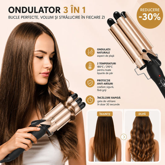 Ondulator de Păr 3 în 1 Koncepto® | Bucle Perfecte în 5 Minute | Încălzire 30 Secunde